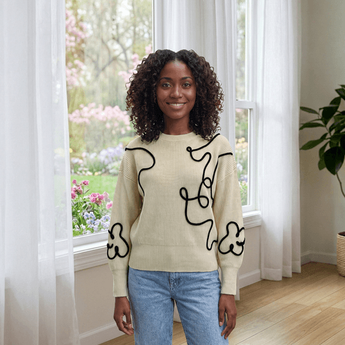 Womens Nicole Miller Long Sleeve Embroidered Abstract Sweater